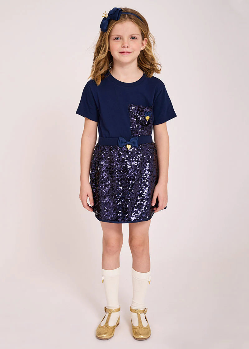 Angel's Face Kids Girls Marjorie Cotton Top with Sequin Pocket - Navy