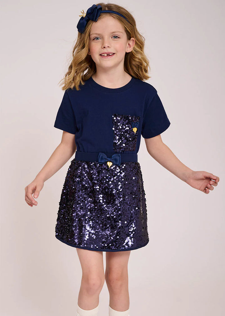 Angel's Face Kids Girls Marjorie Cotton Top with Sequin Pocket - Navy