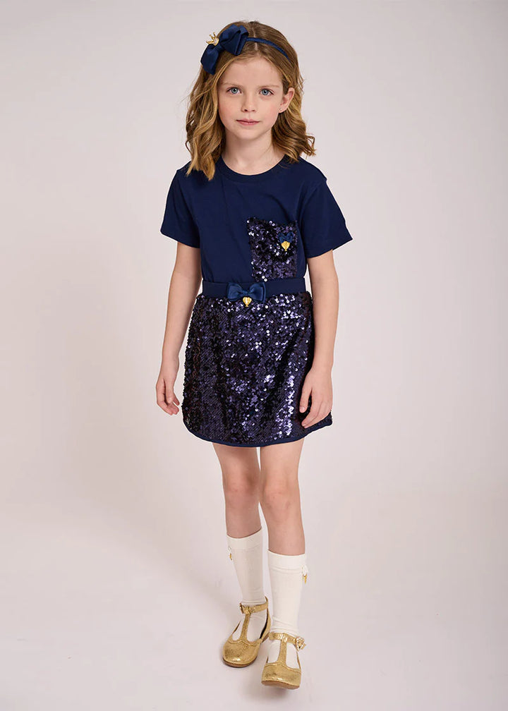 Angel's Face Kids Girls Marjorie Cotton Top with Sequin Pocket - Navy