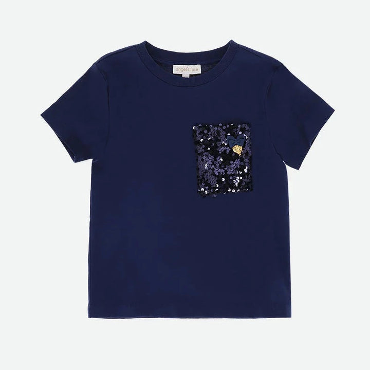 Angel's Face Kids Girls Marjorie Cotton Top with Sequin Pocket - Navy