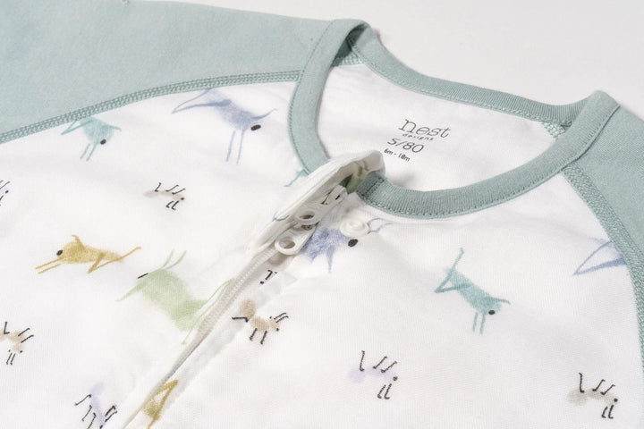 Nest Designs Kids 0.6 TOG Raglan Bamboo Pima Short Sleeve Footed Sleep Suit -The Ant & The Grasshopper