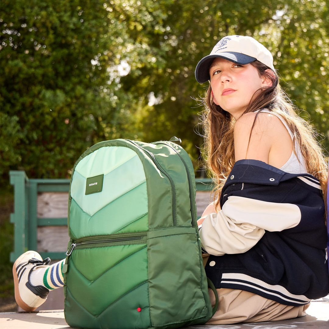 >State Bags Kane Kids Double Pocket Large Backpack in Olive Chevron