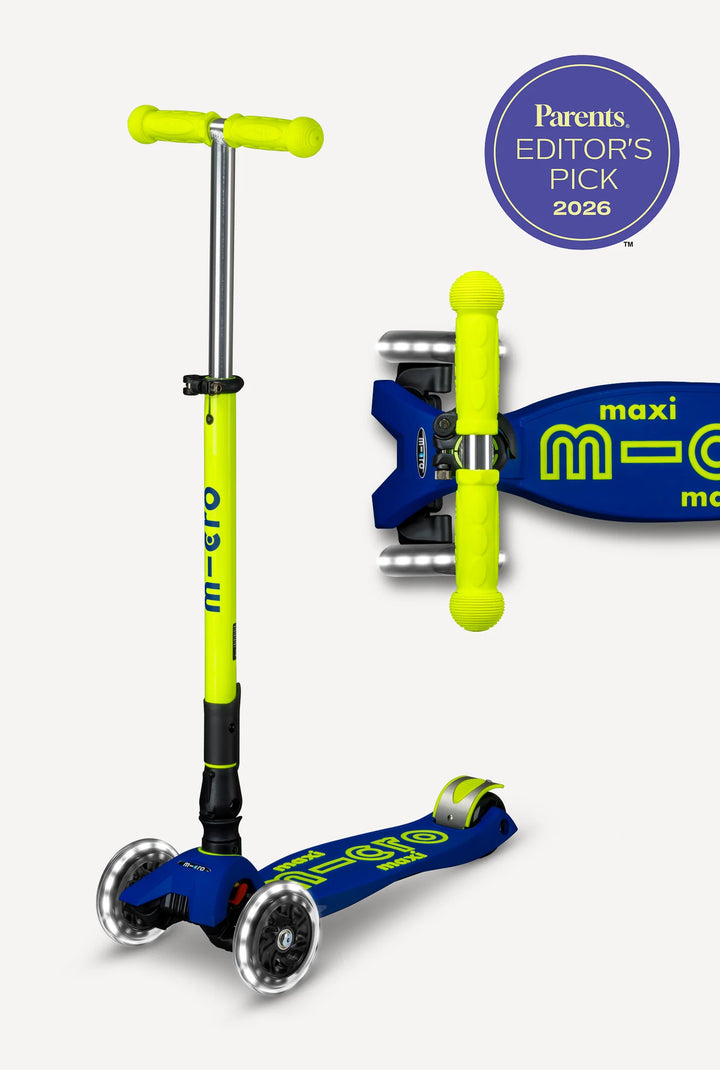 Micro Kickboard Kids Maxi Deluxe Foldable LED Scooter - Neon Canary Yellow/Blue [Age 5-12]