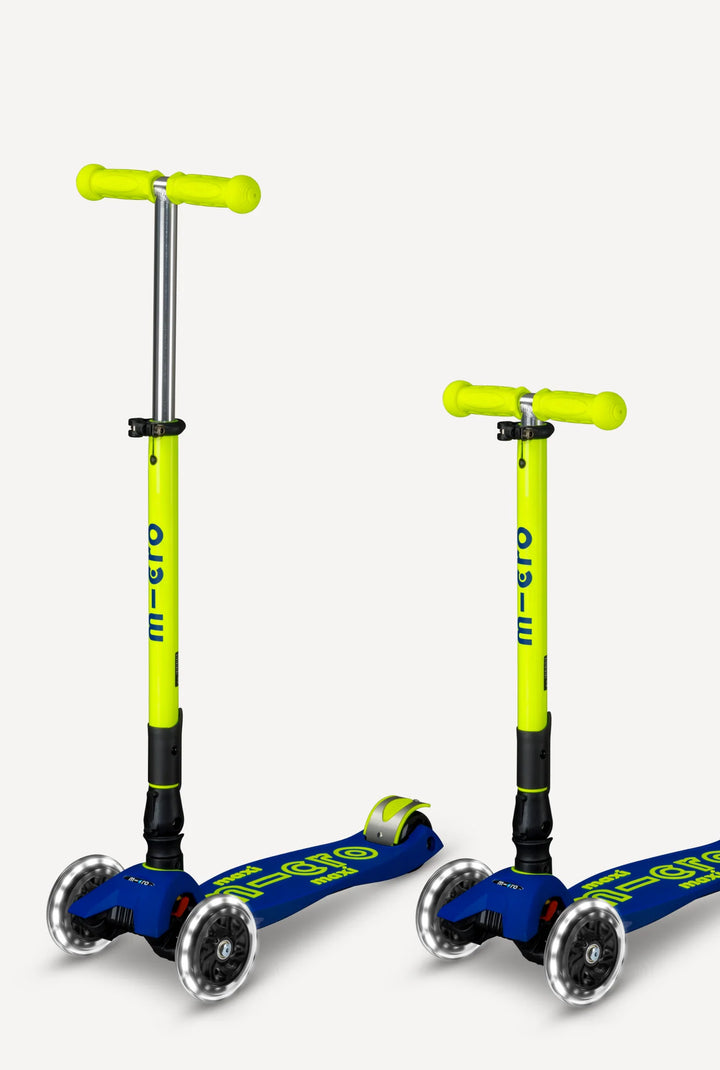 Micro Kickboard Kids Maxi Deluxe Foldable LED Scooter - Neon Canary Yellow/Blue [Age 5-12]