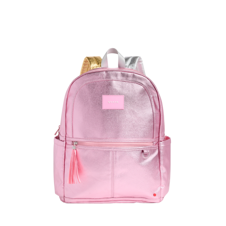 >State Bags Kane Kids Double Pocket Backpack in Pink/Silver