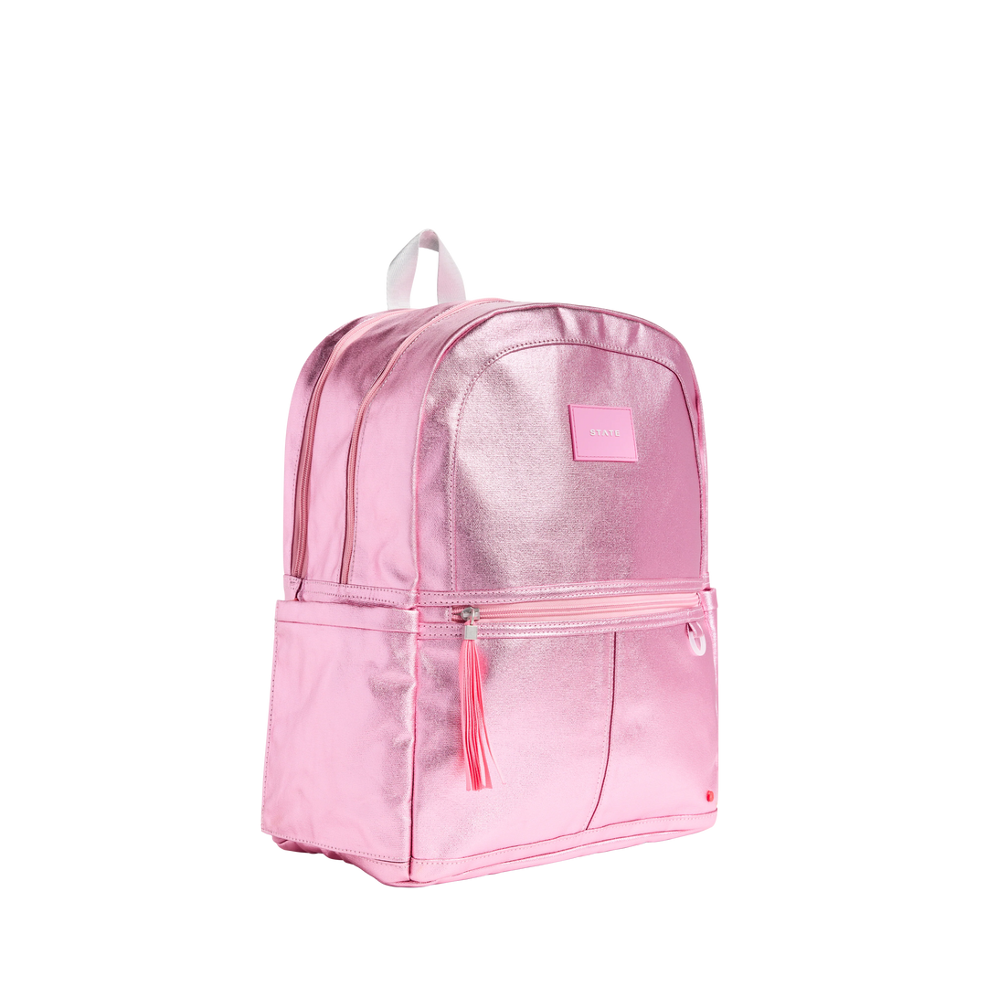 >State Bags Kane Kids Double Pocket Backpack in Pink/Silver