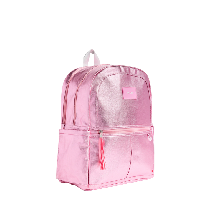 >State Bags Kane Kids Double Pocket Backpack in Pink/Silver