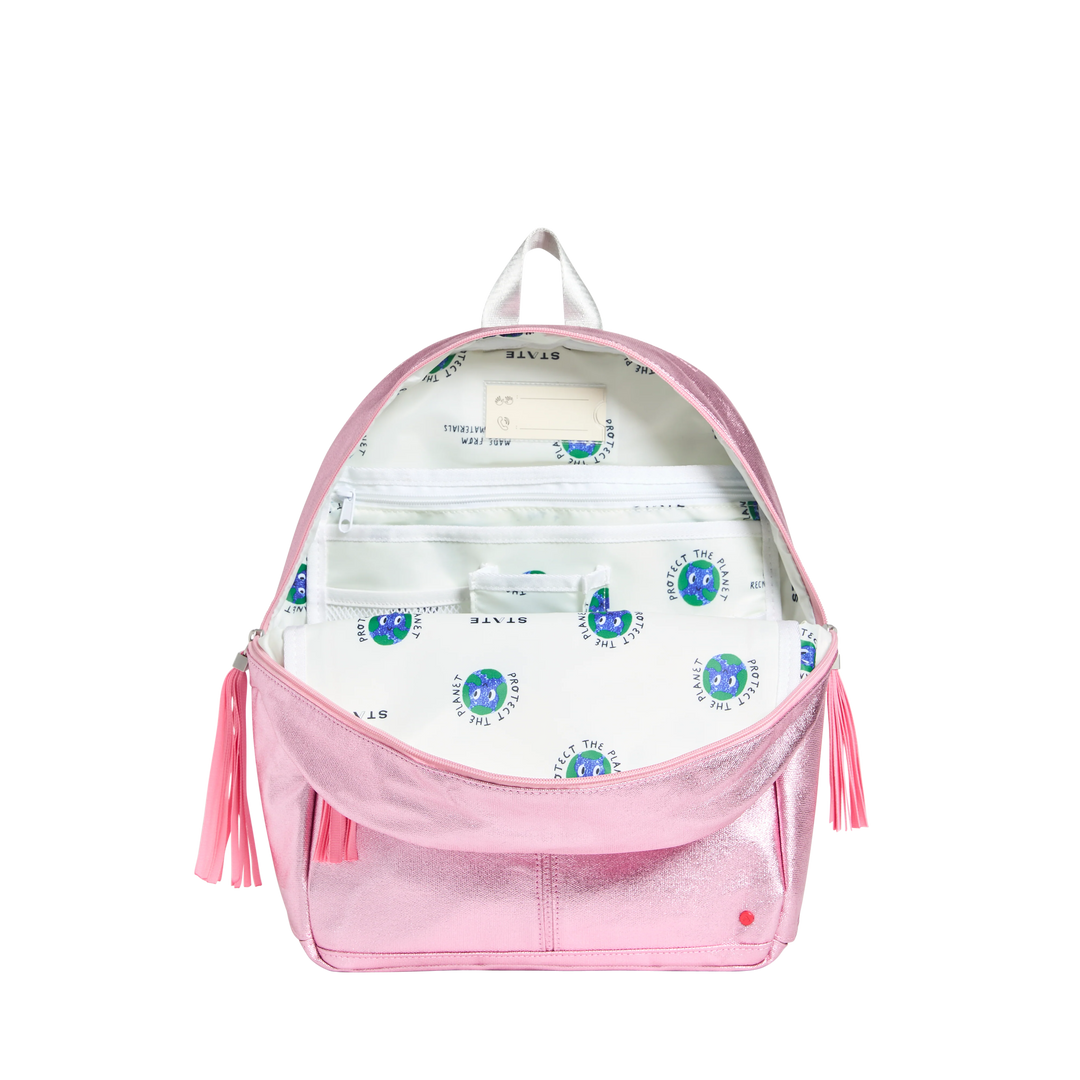 >State Bags Kane Kids Backpack in Metallic PINK/SILVER
