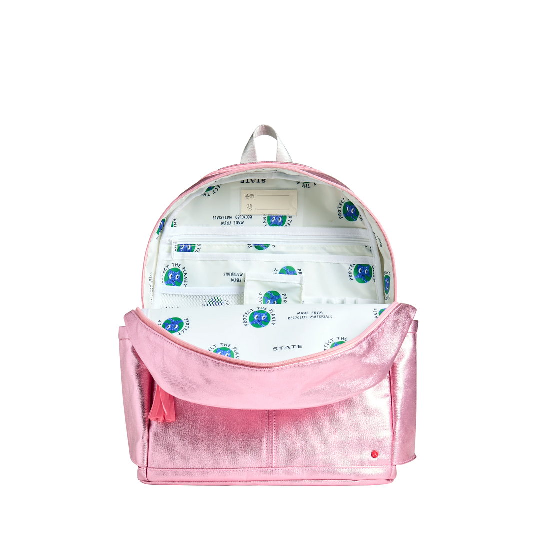 >State Bags Kane Kids Double Pocket Backpack in Pink/Silver