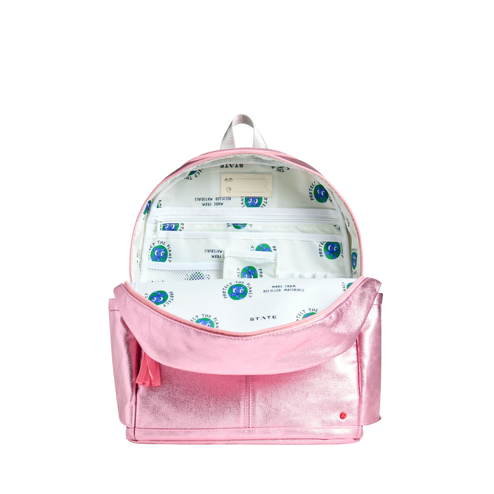 >State Bags Kane Kids Double Pocket Backpack in Pink/Silver