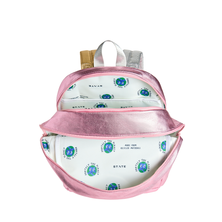 >State Bags Kane Kids Double Pocket Backpack in Pink/Silver