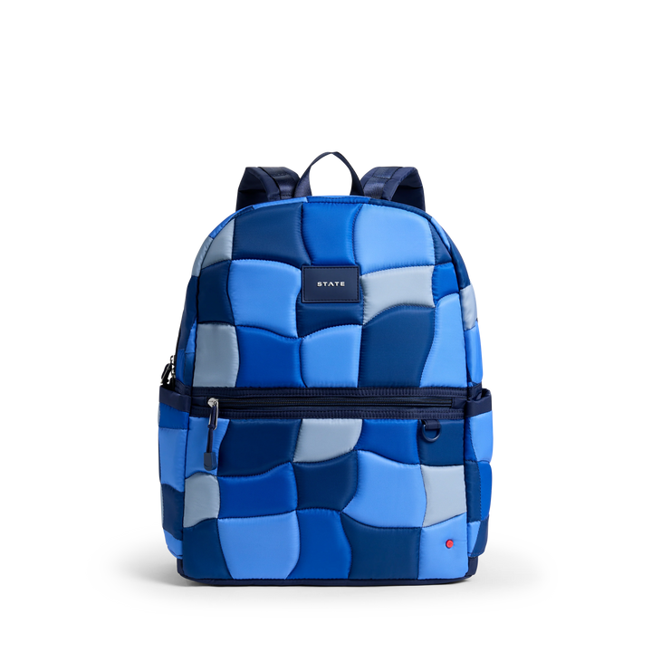 >State Bags Kane Kids Double Pocket Large Backpack in Blue Puffer Check