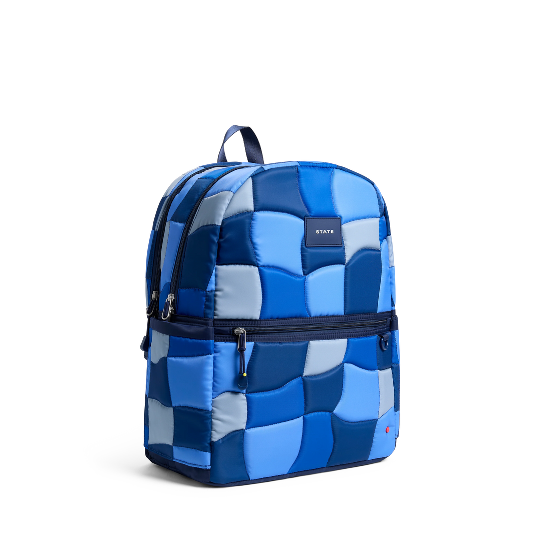 >State Bags Kane Kids Double Pocket Large Backpack in Blue Puffer Check