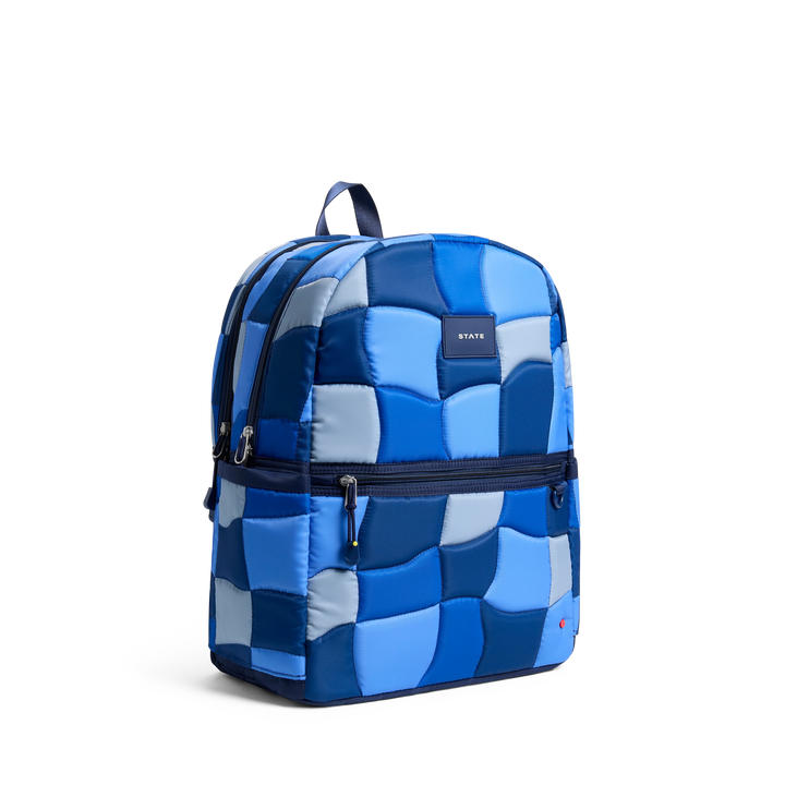 >State Bags Kane Kids Double Pocket Large Backpack in Blue Puffer Check