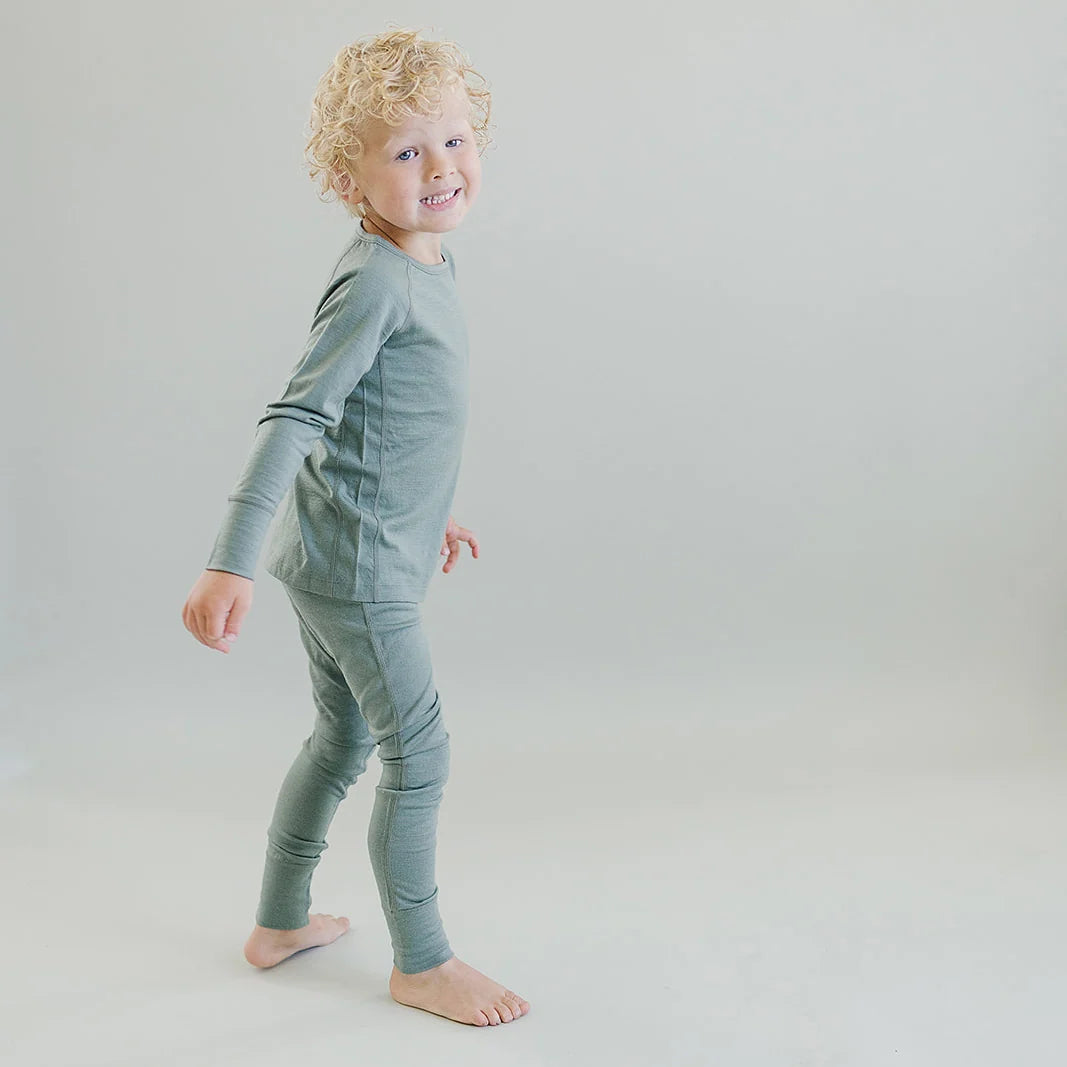 >Woolino Kids Merino Wool Base Layer Long Sleeve Top + Leggings Set - Sage