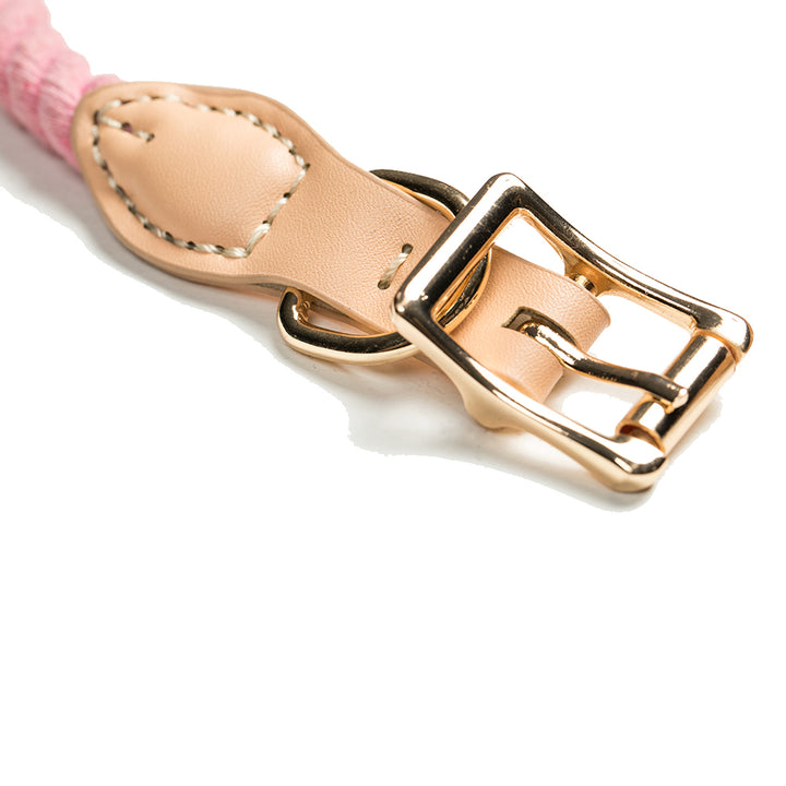 Tinklylife Dog Knit Collar - Pink+Natural Leather