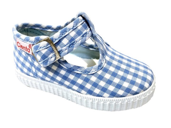 Cienta Kids Girl's Light Blue Gingham T-Bar Sneaker