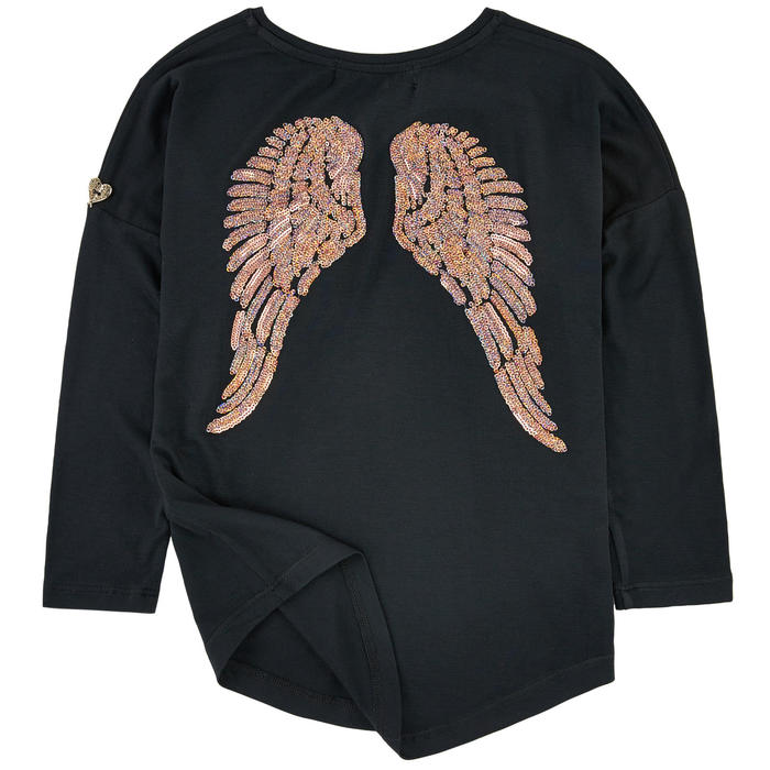 Angel's Face - Long Sleeve Slouch Wings Sequin Top Black