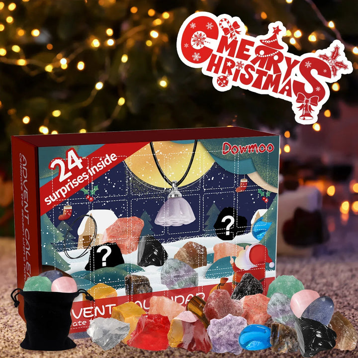 24 Days Christmas Countdown Calendar w/ 24-Grid Ore Polished Gemstones Surprise Blind Box Set