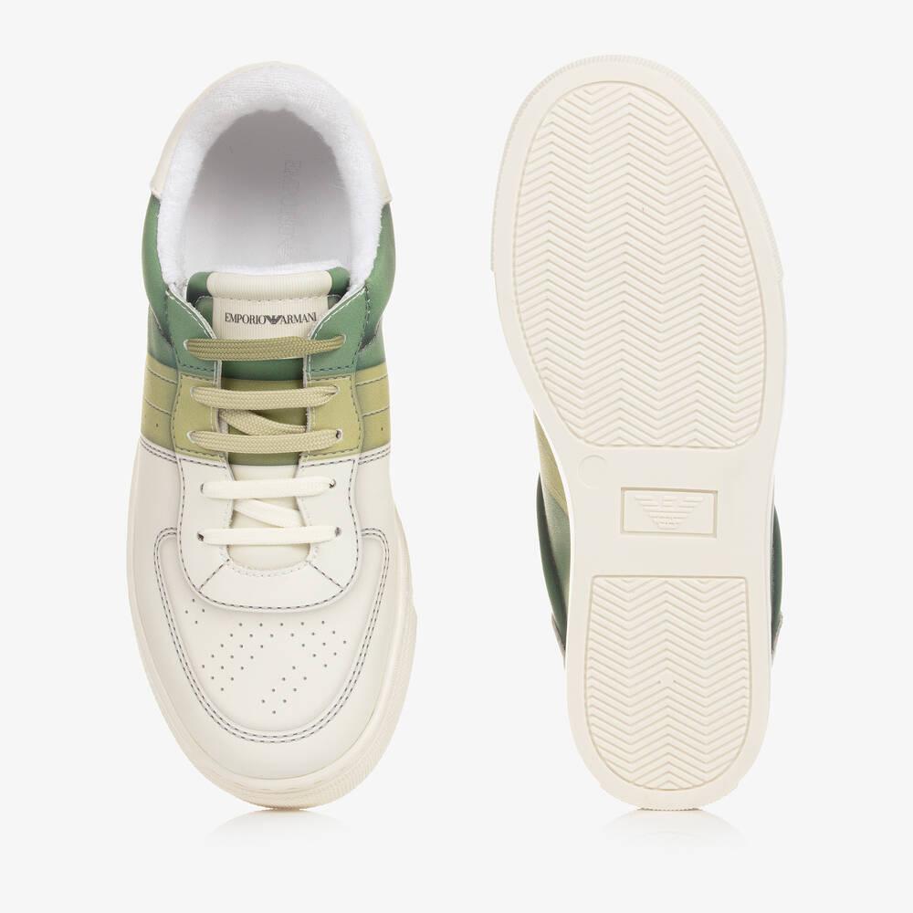 Emporio Armani Junior Kids Unisex Ivory & Green Lace-Up Trainers Winter Sneaker