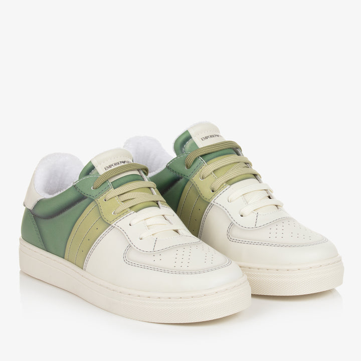 Emporio Armani Junior Kids Unisex Ivory & Green Lace-Up Trainers Winter Sneaker