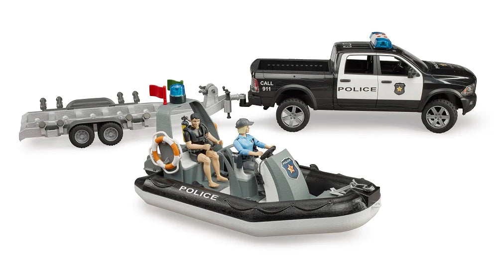 >Bruder 02507 Police Ram 2500 w/ Trailer, Boat and 2 Figures