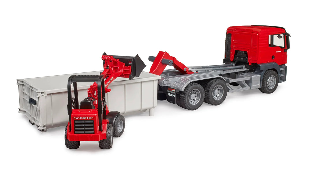 >Bruder 03767 MAN TGS Truck w Roll-off container w Schaeffer comp loader repl