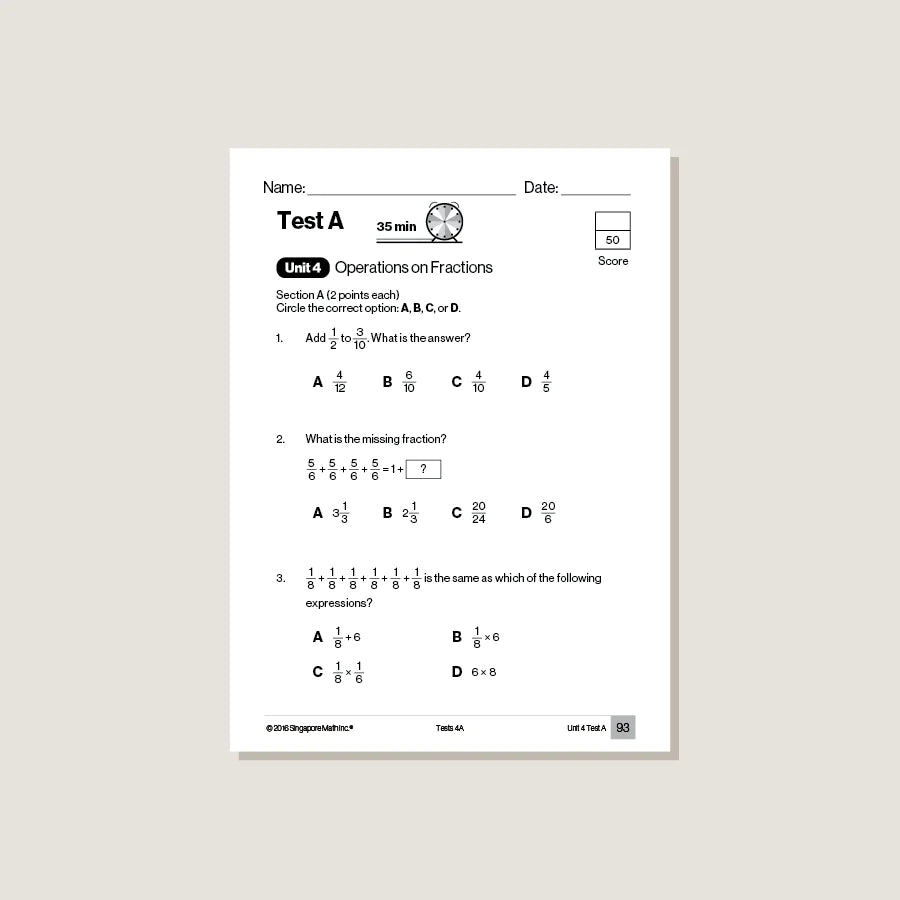 >Singapore Math Primary Mathematics Common Core Edition Tests 4A