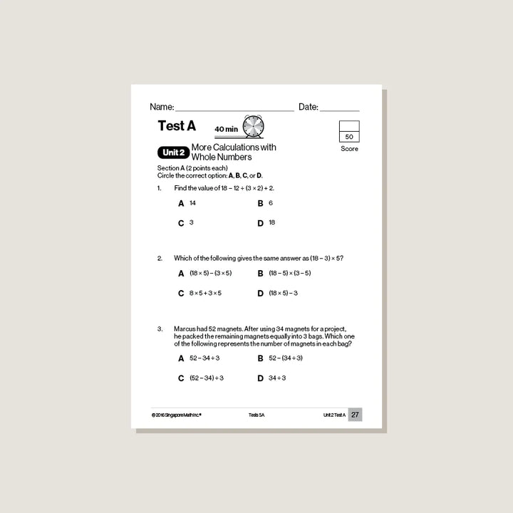 >Singapore Math Primary Mathematics Common Core Edition Tests 5A