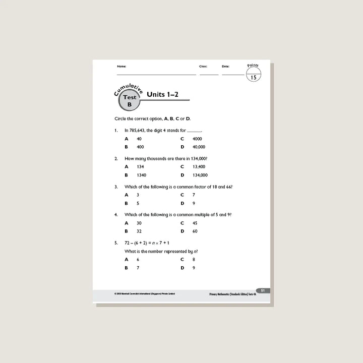 Singapore Math Primary Mathematics Standards Edition Tests 4A