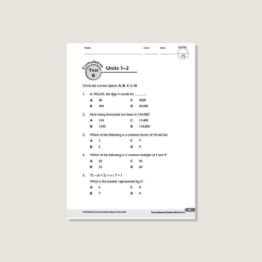 >Singapore Math Primary Mathematics Standards Edition Tests 4B