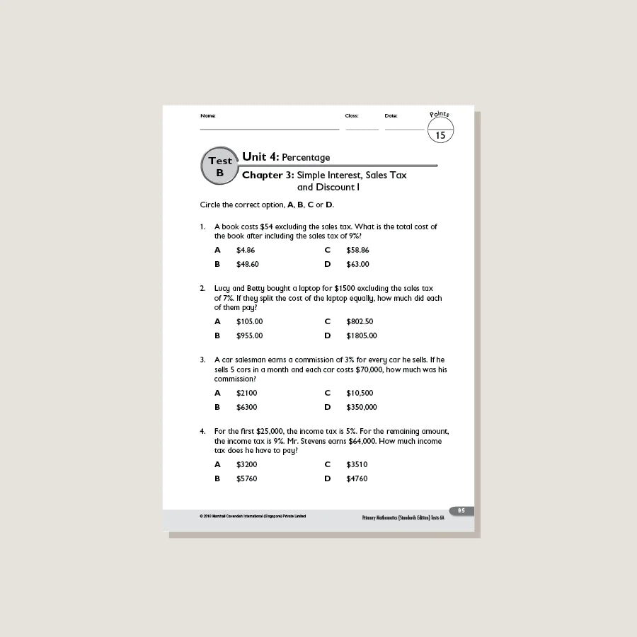 >Singapore Math Primary Mathematics Standards Edition Tests 6A