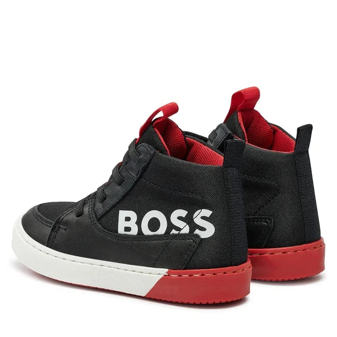 Hugo Boss Kids Hightop Leather Sneaker Shoes - Black/Red