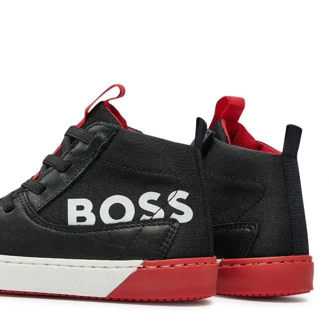 Hugo Boss Kids Hightop Leather Sneaker Shoes - Black/Red