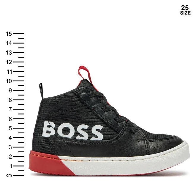 Hugo Boss Kids Hightop Leather Sneaker Shoes - Black/Red