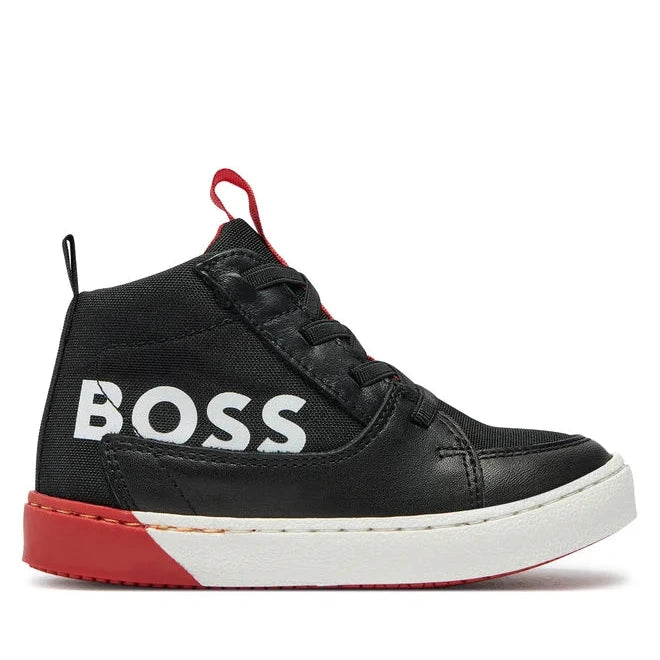 Hugo Boss Kids Hightop Leather Sneaker Shoes - Black/Red