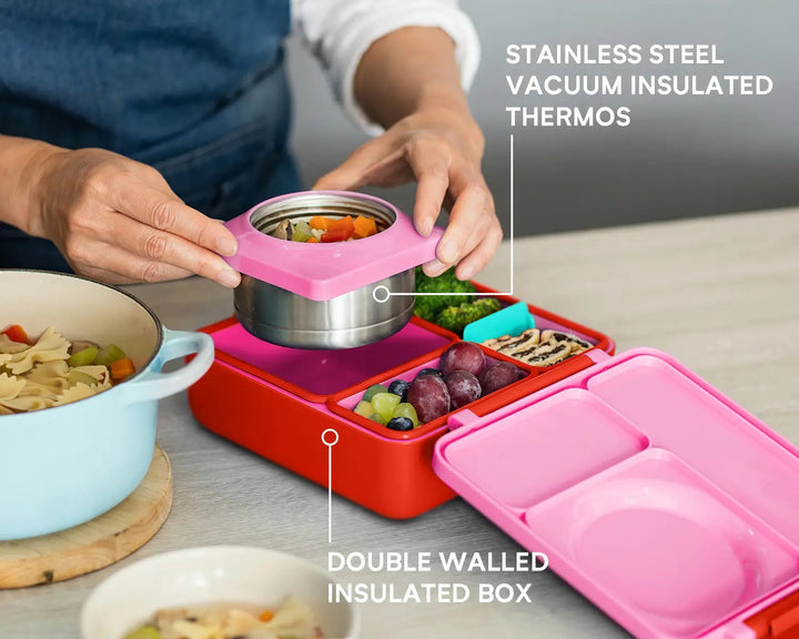 >OmieBox Lunch Box with Fork, Spoon + Pod Set (Pink Berry)