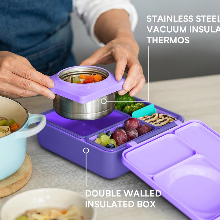 OmieBox Lunch Box with Fork, Spoon + Pod Set (Purple Plum)