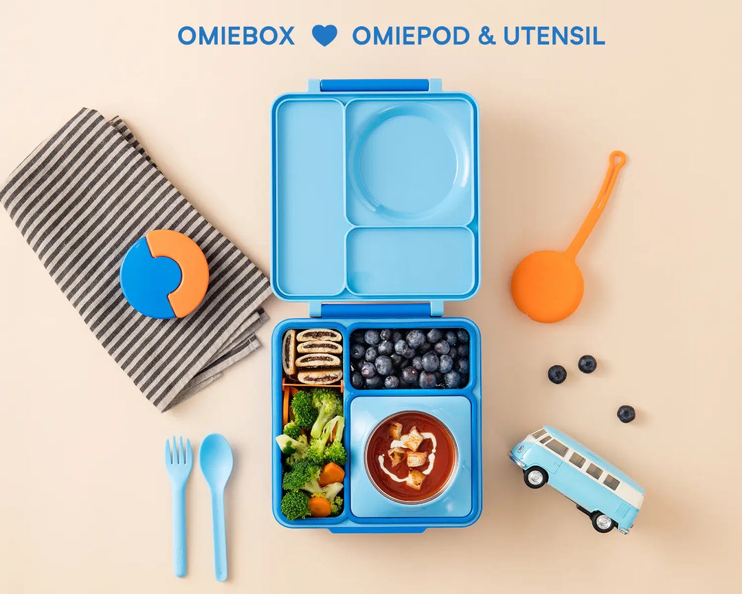 >OmieBox Lunch Box with Fork, Spoon + Pod Set (Blue Sky)