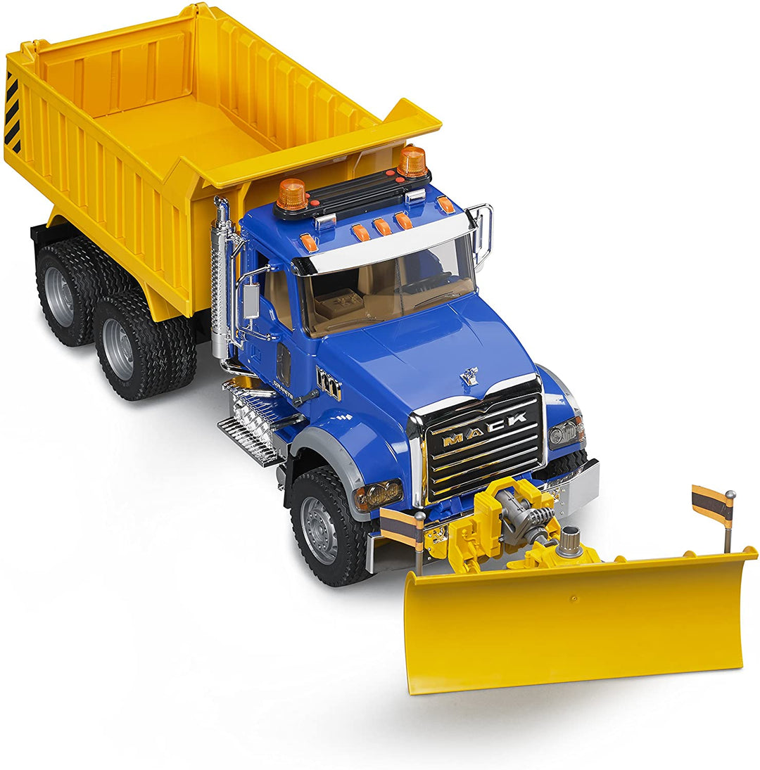 >Bruder 02825 MACK Granite Dump Truck with Snow Plow Blade for Construction and Farm Pretend Play with Light & Sound Module