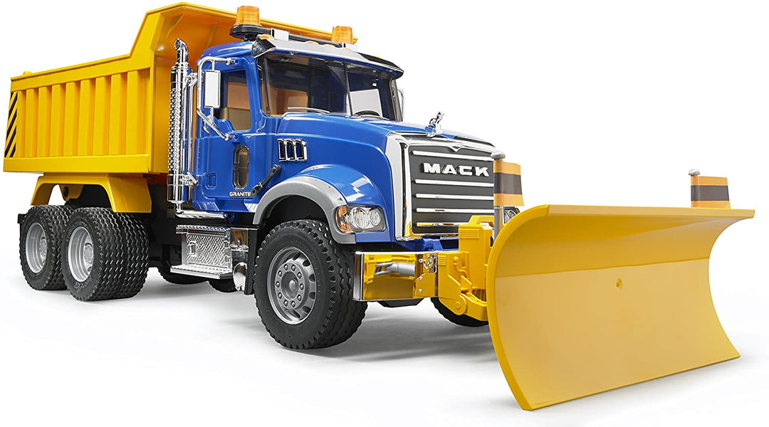 >Bruder 02825 MACK Granite Dump Truck with Snow Plow Blade for Construction and Farm Pretend Play with Light & Sound Module