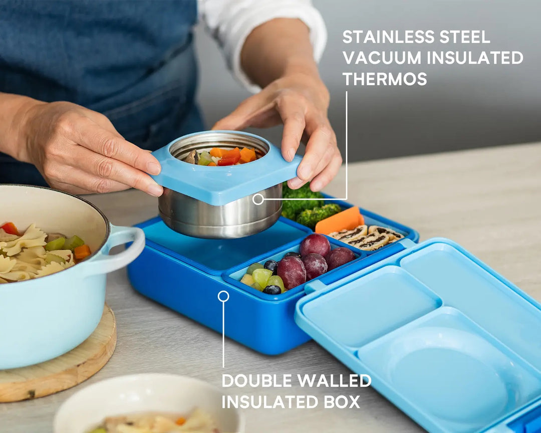 >OmieBox Lunch Box with Fork, Spoon + Pod Set (Blue Sky)