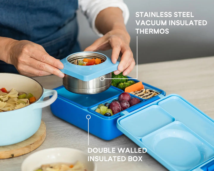 >OmieBox Lunch Box with Fork, Spoon + Pod Set (Blue Sky)