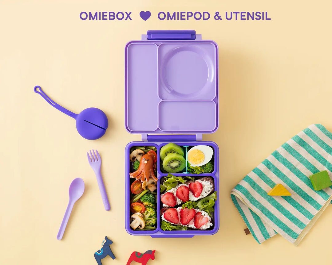 >OmieBox Lunch Box with Fork, Spoon + Pod Set (Purple Plum)