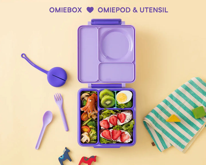 >OmieBox Lunch Box with Fork, Spoon + Pod Set (Purple Plum)