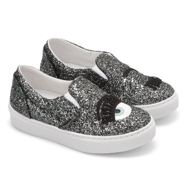 Chiara Ferragni Women's Dark Grey Glitter Flirting Wink Eye Leather Sneaker