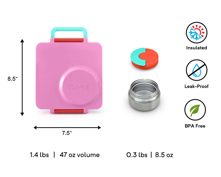 >OmieBox Lunch Box with Fork, Spoon + Pod Set (Pink Berry)