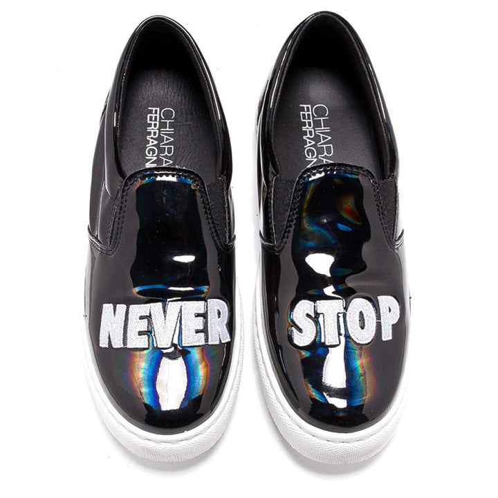 Chiara Ferragni Women's Never Stop Leather Slip On Sneakers Flats Black