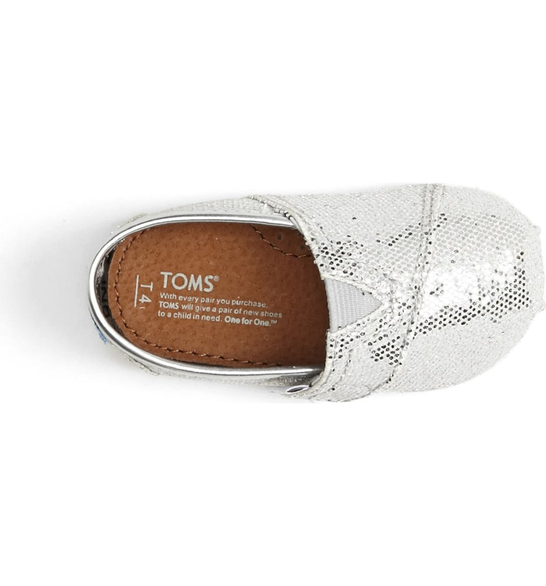 TOMS Kids Tiny Silver Glitter Slip On Shoes