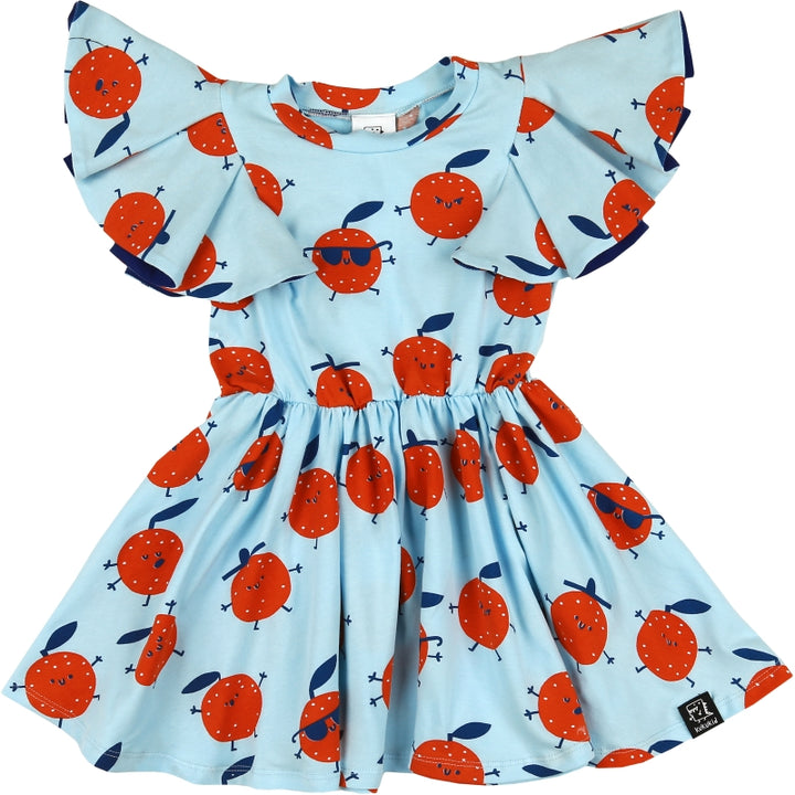 Kukukid Kids Girl Pompom Dress in Light Blue Oranges